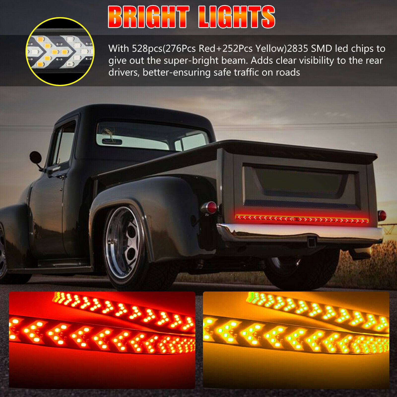 Car light bar, rear multi-functional turn signal, flowing herringbone brake light